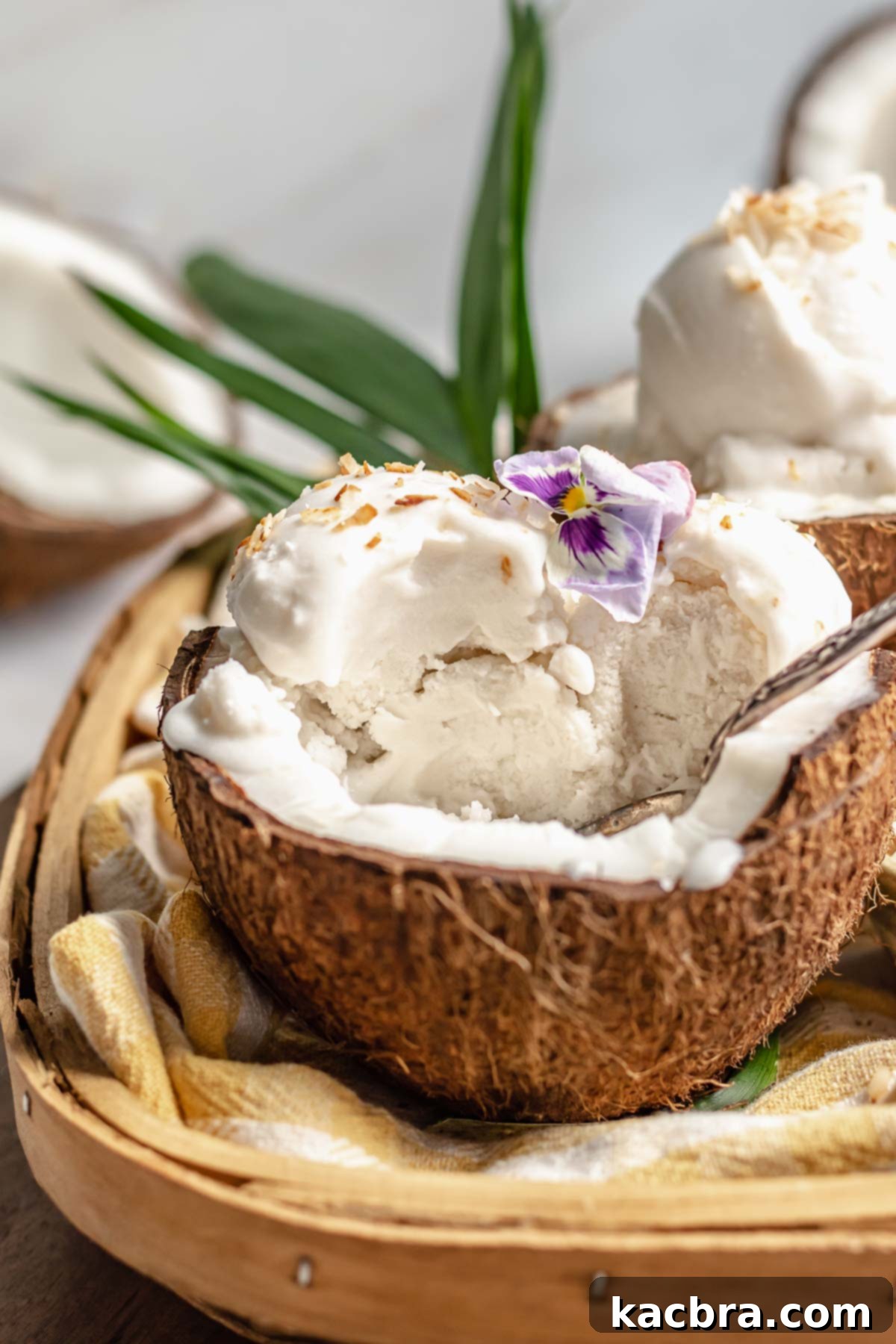 Scoops of creamy coconut sorbet elegantly presented in a natural coconut shell, with a few spoonfuls already enjoyed.
