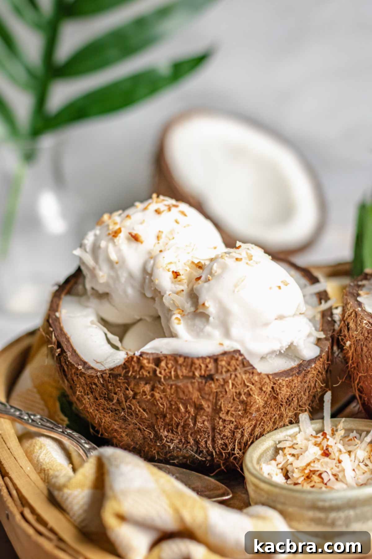 Close-up of perfectly scooped creamy coconut sorbet in a coconut shell, ready to be enjoyed.