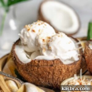 Tropical Coconut Chill 12 Scoops of coconut sorbet in a coconut shell.