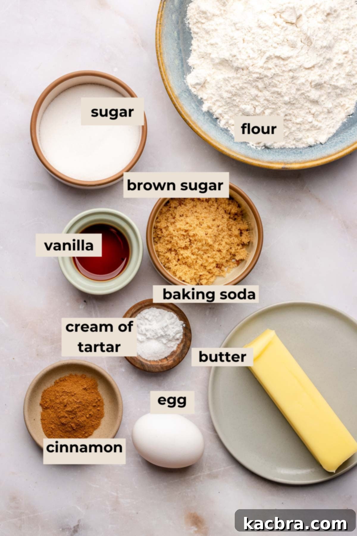 Ingredients for brown butter snickerdoodle cookies.