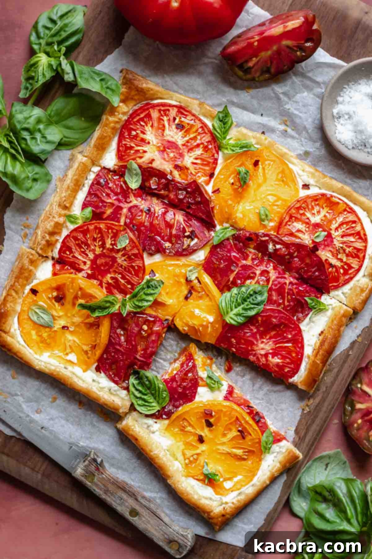 Rustic Tomato and Double Cheese Puff Pastry Tart 2 Sliced tomato tart on a cutting board, showcasing its vibrant colors and flaky crust.