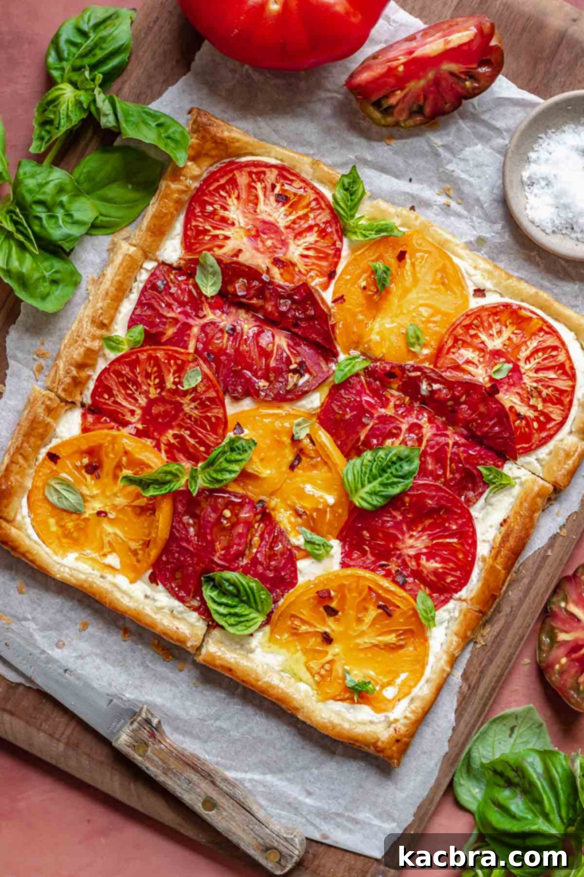 Rustic Tomato and Double Cheese Puff Pastry Tart 9 Tomato tart finished with basil, olive oil, flaky salt, and red pepper flakes on a cutting board.