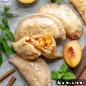 Golden Fried Peach Pockets 3 Golden-brown fried peach pies on a wooden board. One pie is carefully broken open to reveal the warm, spiced peach filling inside.