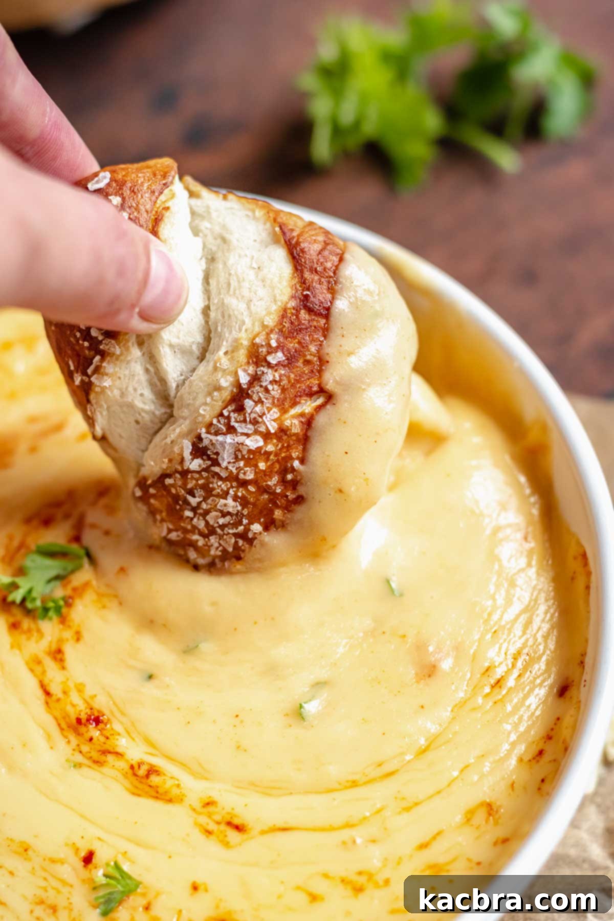 A hand dips a pretzel into beer cheese dip.