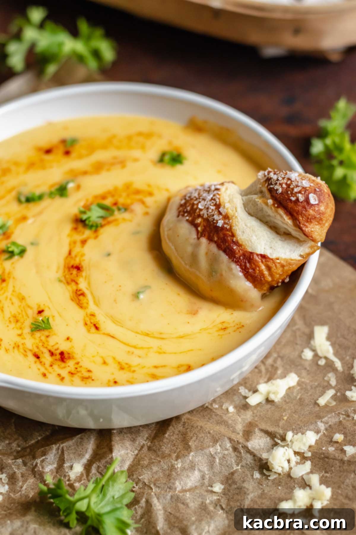 Soft pretzel in a bowl of beer cheese.