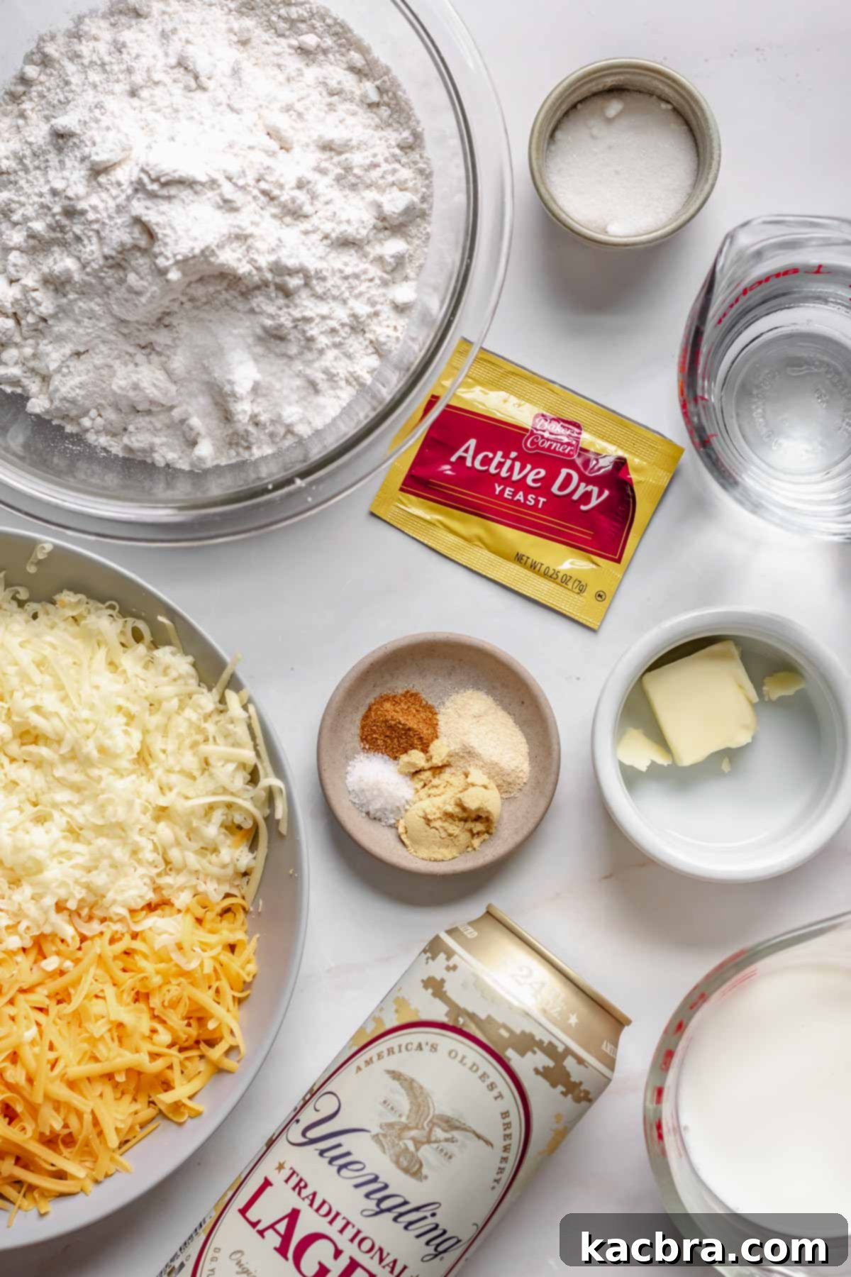 Ingredients for soft pretzels and beer cheese dip.