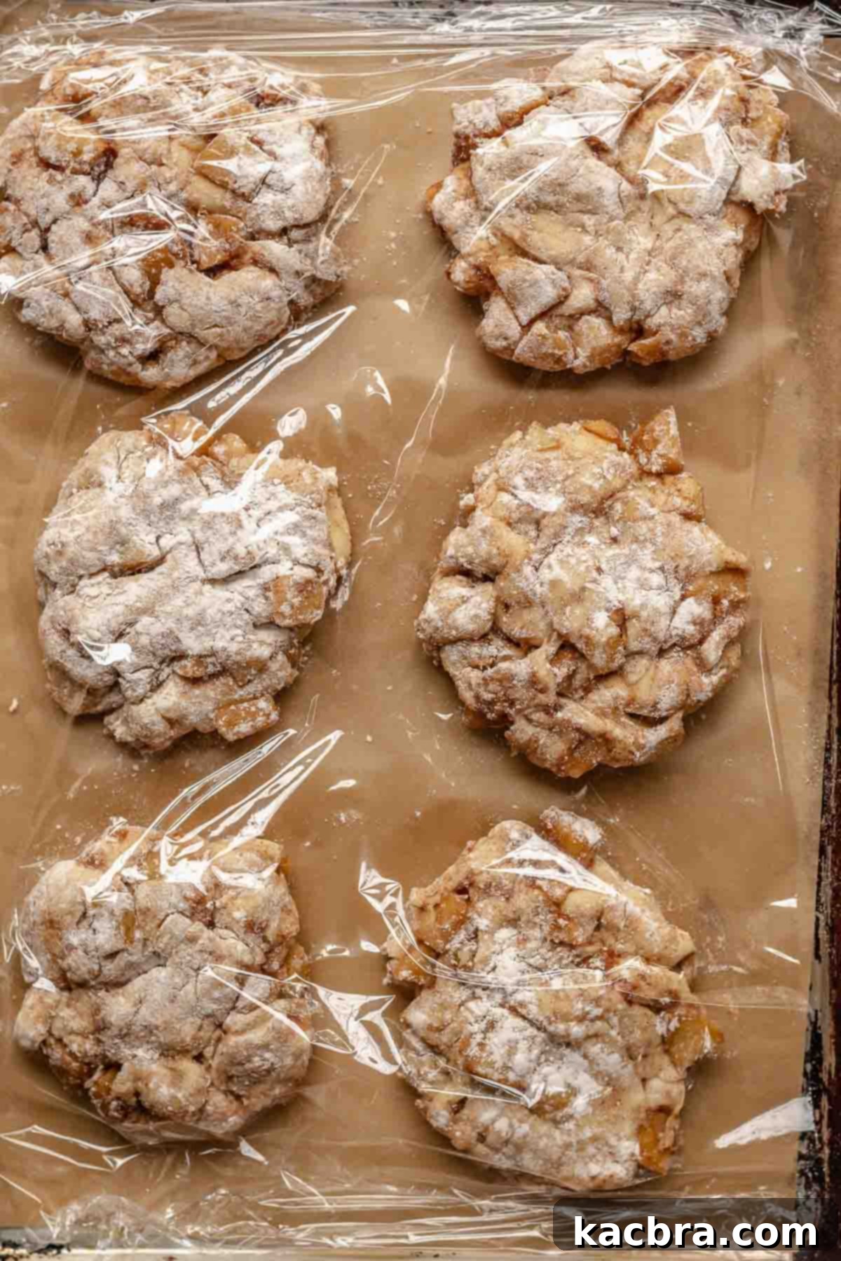 Assembled apple fritters resting on a baking pan lined with parchment paper and covered with plastic wrap.