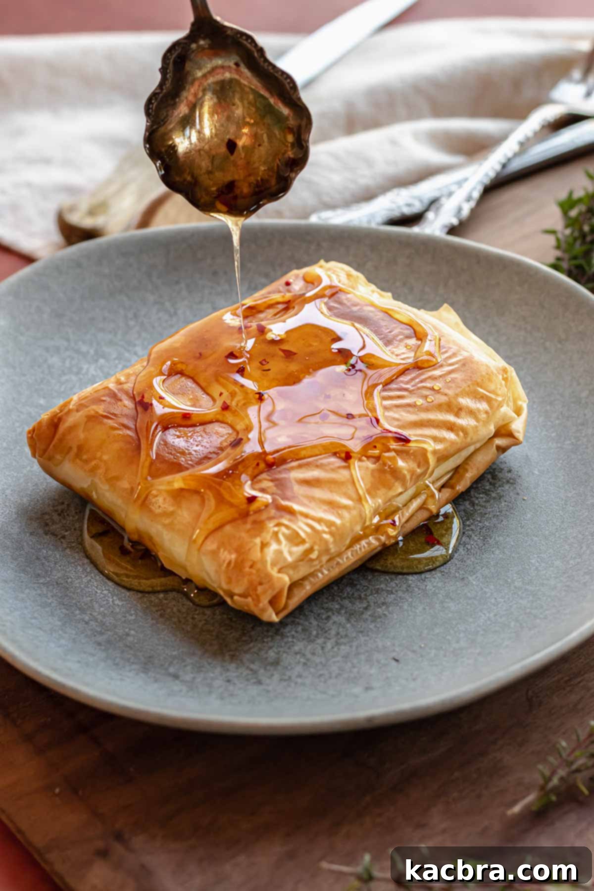 A spoon drizzles hot honey onto fried feta on a plate.