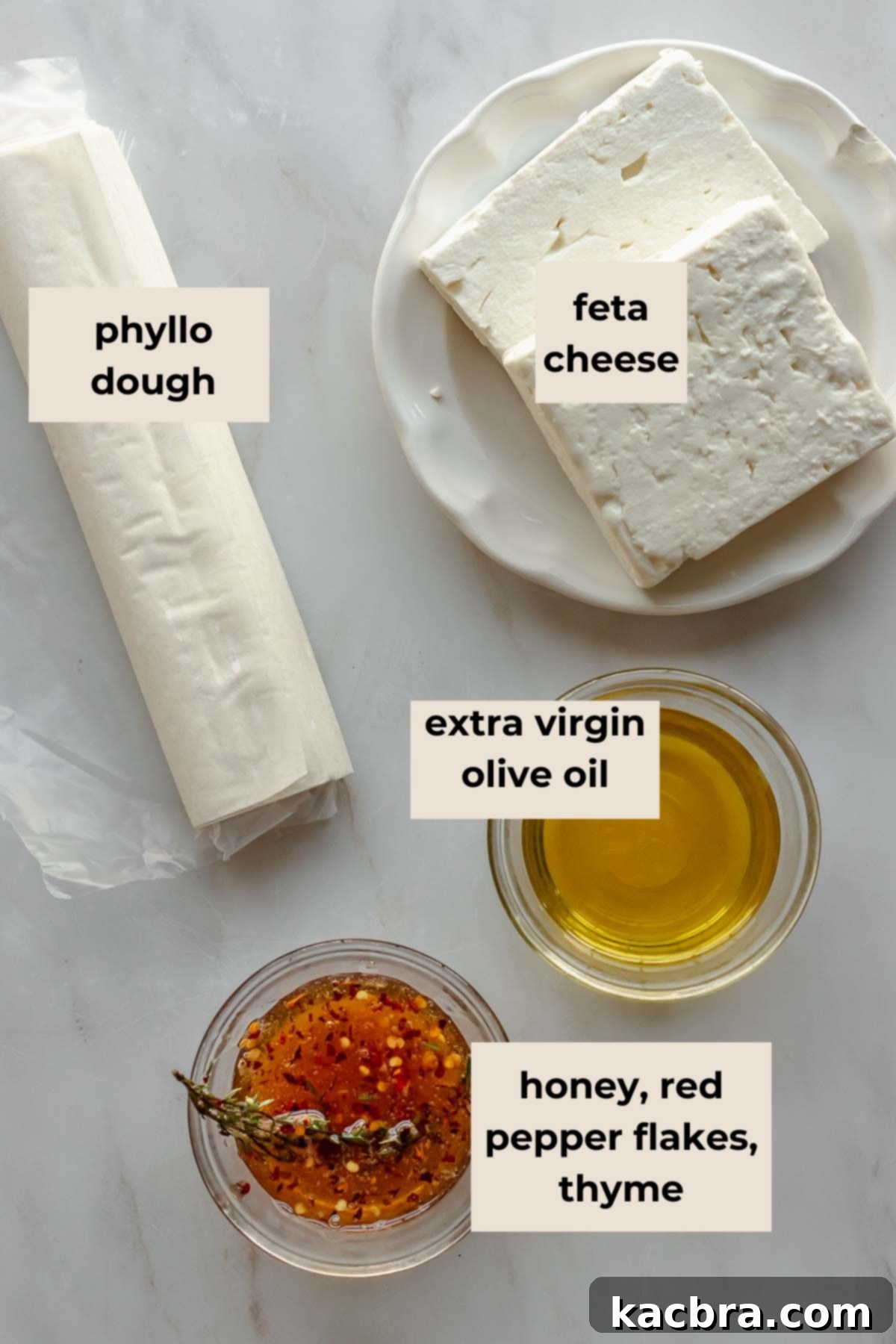 Ingredients for phyllo fried feta with hot honey.