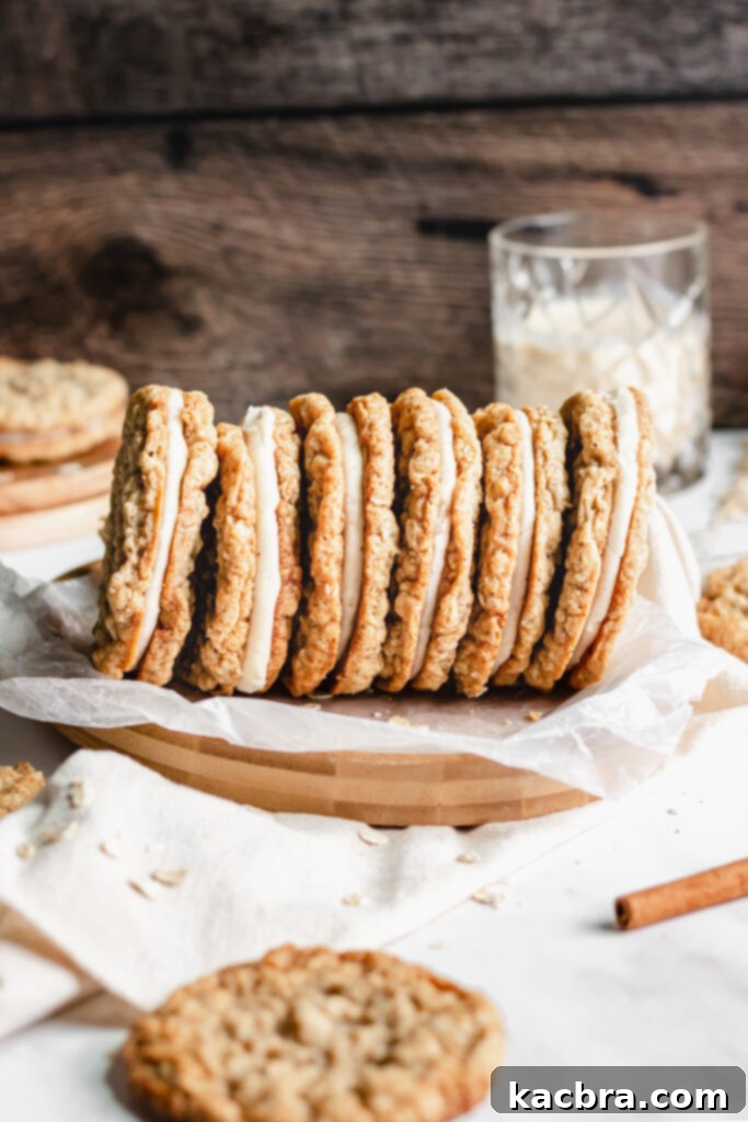 A stack of Eggnog Oatmeal Creme Pies, ready to be eaten