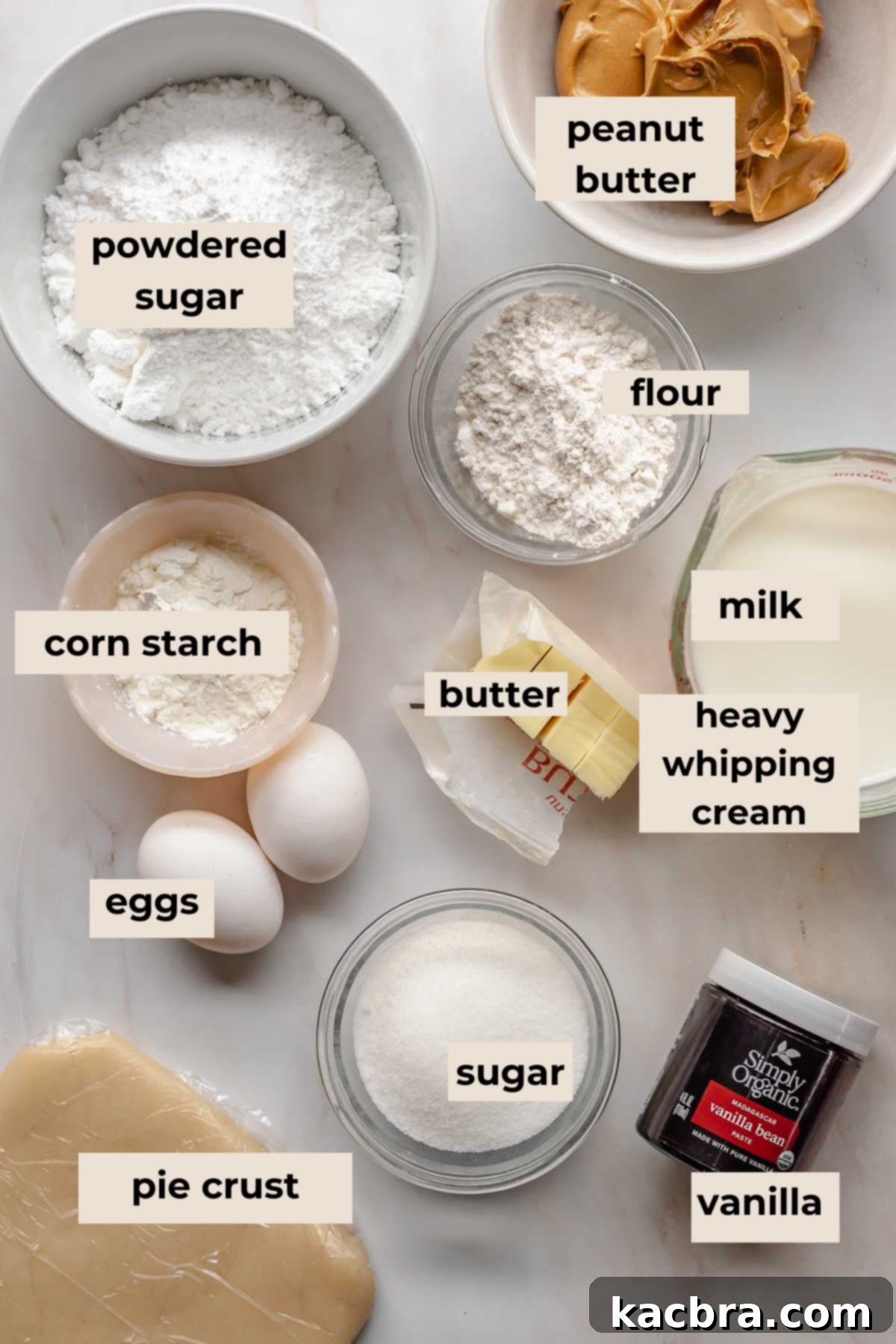 A flat lay of all the fresh ingredients needed to make Amish peanut butter pie.