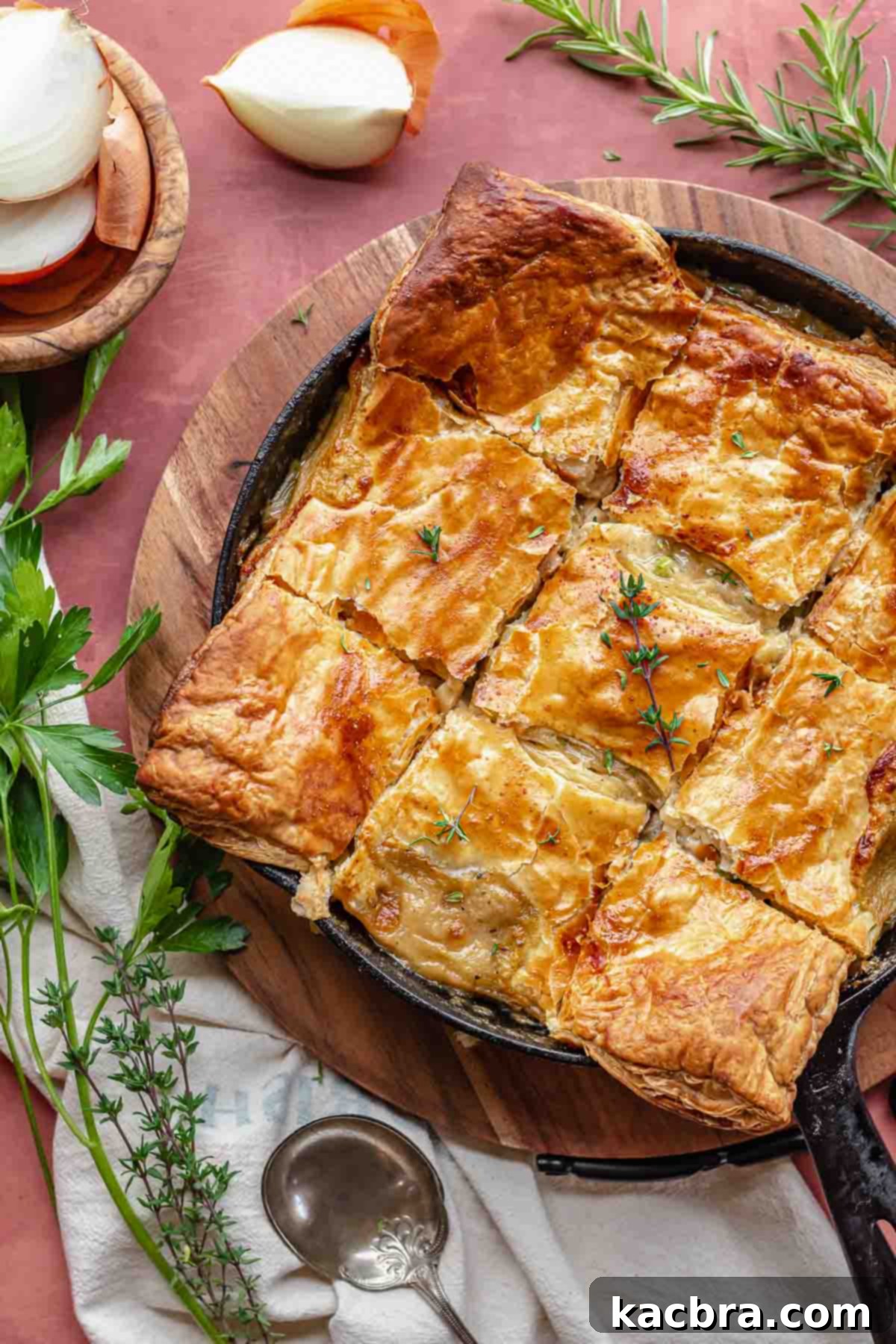 Golden brown turkey pot pie in a rustic cast iron skillet, with the puff pastry cut into squares and steam rising from the warm filling.