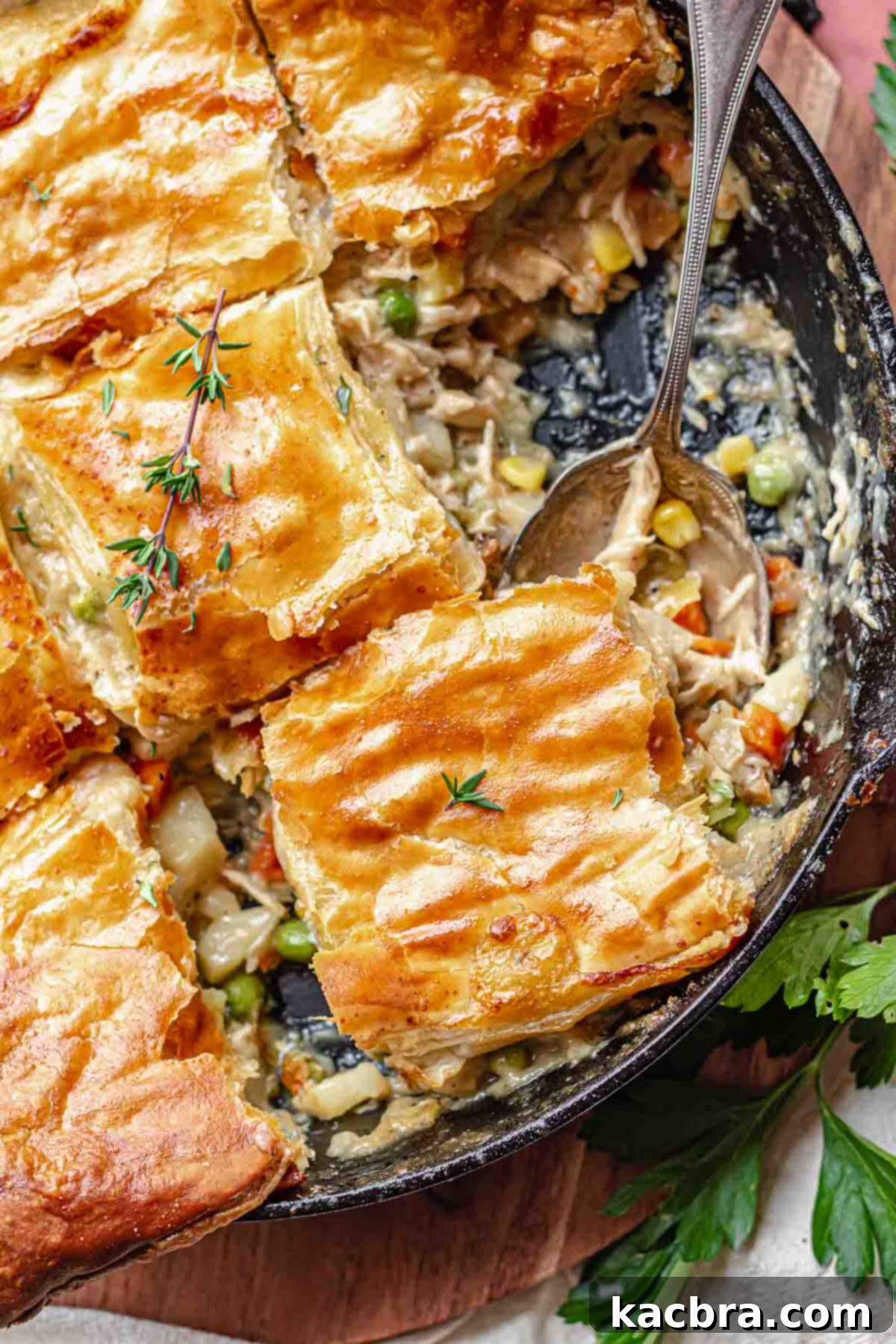 A spoon scooping a generous portion of turkey pot pie from a cast iron skillet, showcasing the rich, creamy filling, tender vegetables, and flaky crust.