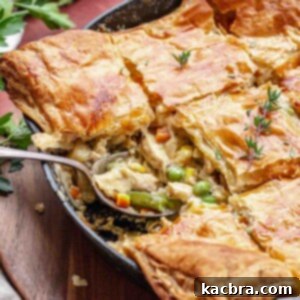 A spoon sits in a pan of turkey pot pie holding a portion of the creamy filling, showcasing the texture and ingredients.