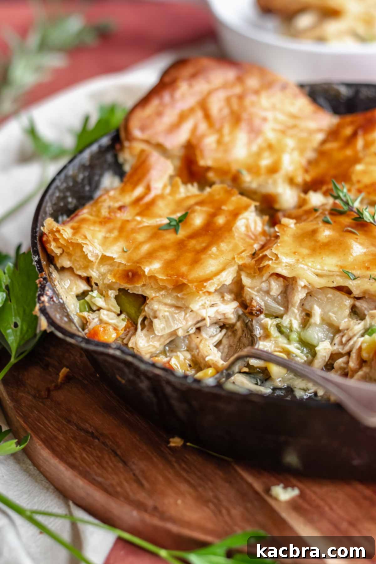 Close-up of baked turkey pot pie with golden, puffy pastry and bubbling filling, ready to be served.