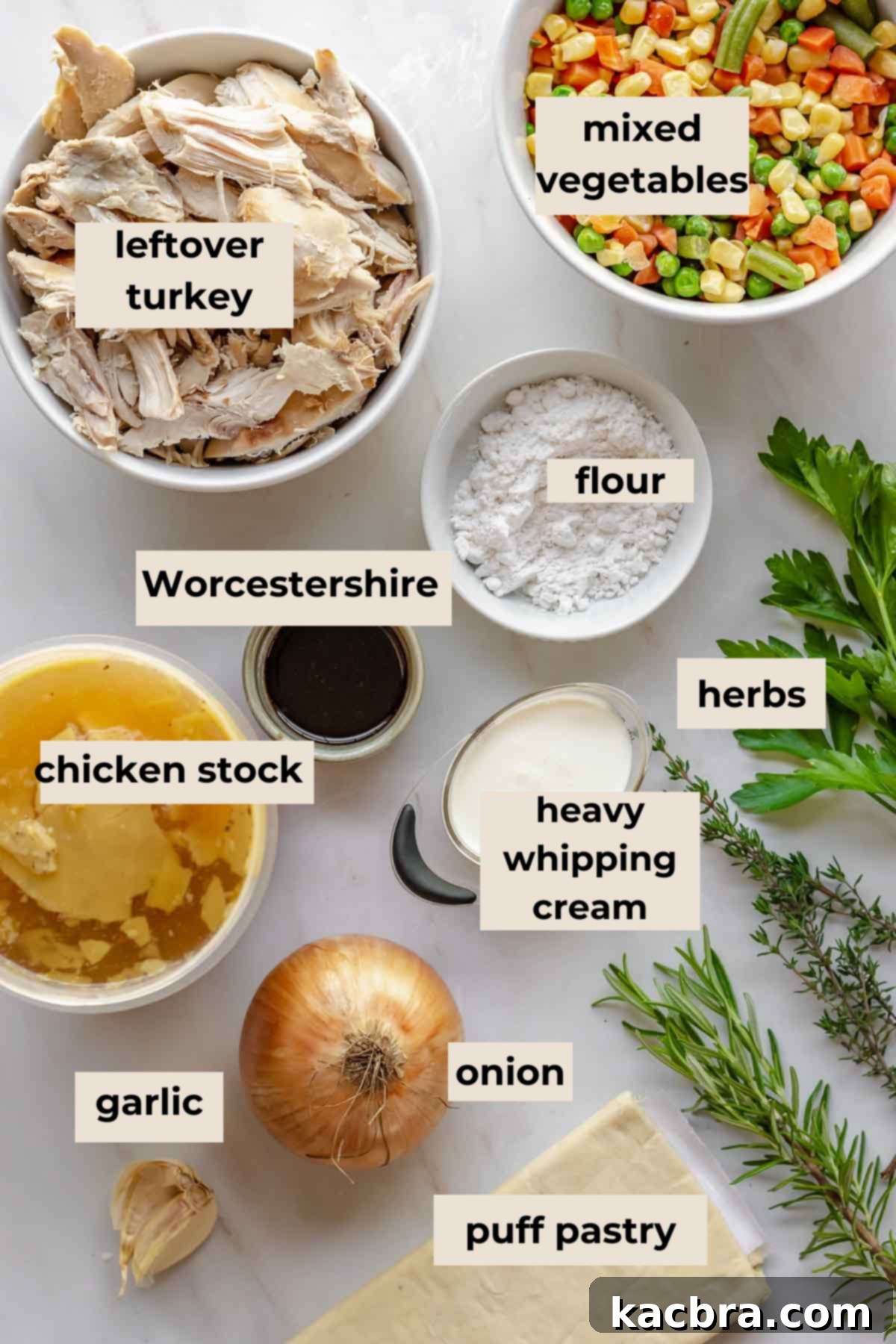 A flat lay photograph showing various fresh and frozen ingredients arranged on a rustic wooden surface for turkey pot pie, including turkey, mixed vegetables, fresh herbs, onion, garlic, butter, and stock.