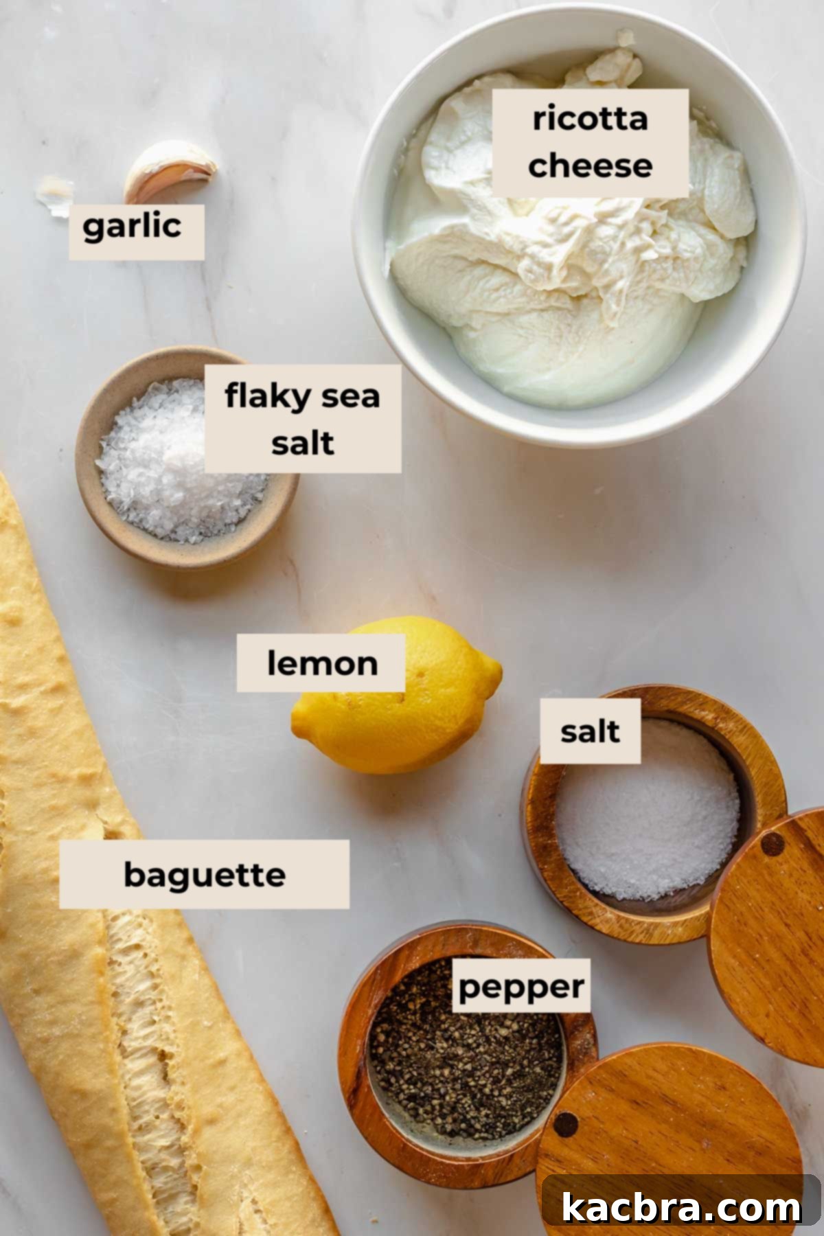 Fluffy Ricotta Crostini 4 Ingredients for whipped ricotta crostini.