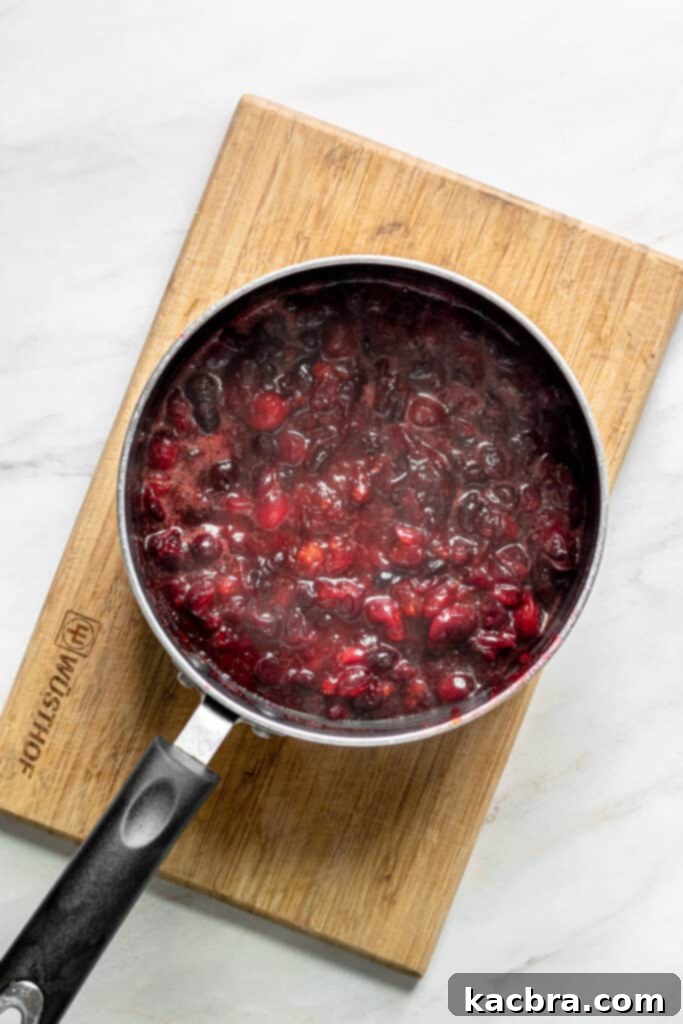 Image showing fresh cranberries, orange juice, brown sugar, and cinnamon simmering in a saucepan.