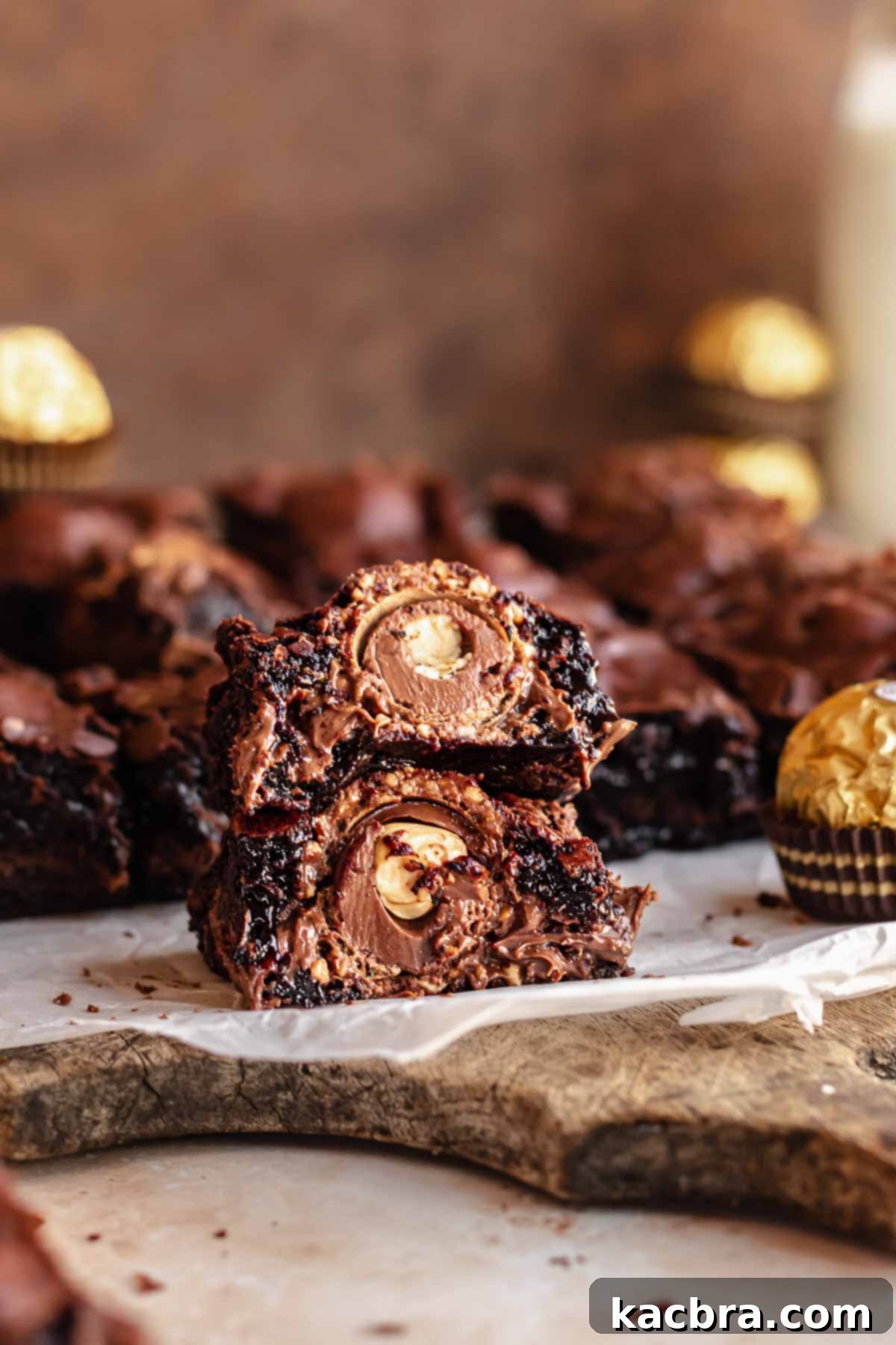 Brownie split in half and stacked. The center exposes the Ferrero rocher.