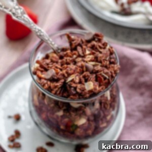 Chocolate granola in a cup with a spoon in it.
