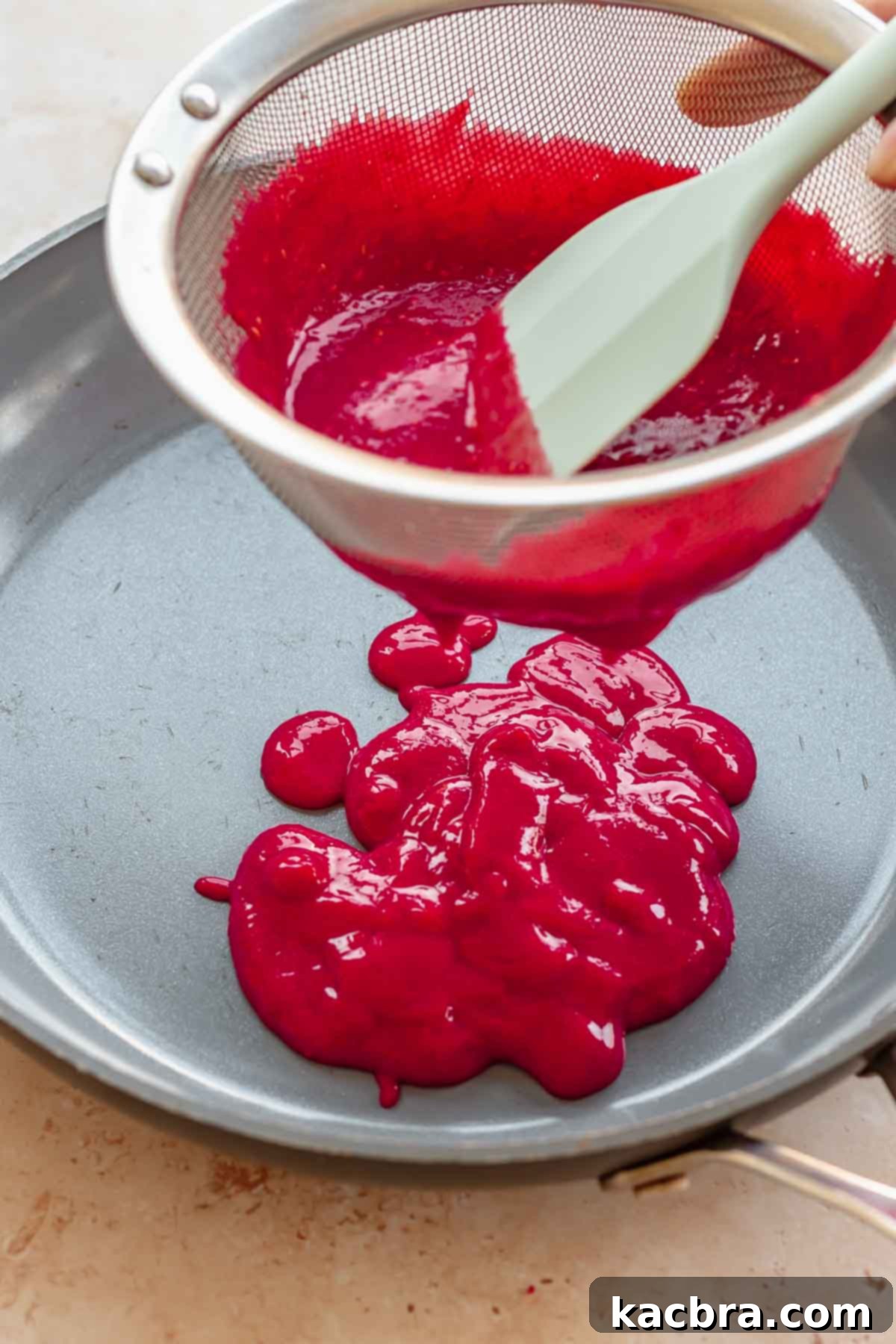Raspberry puree being passed through a fine mesh sieve to remove seeds.