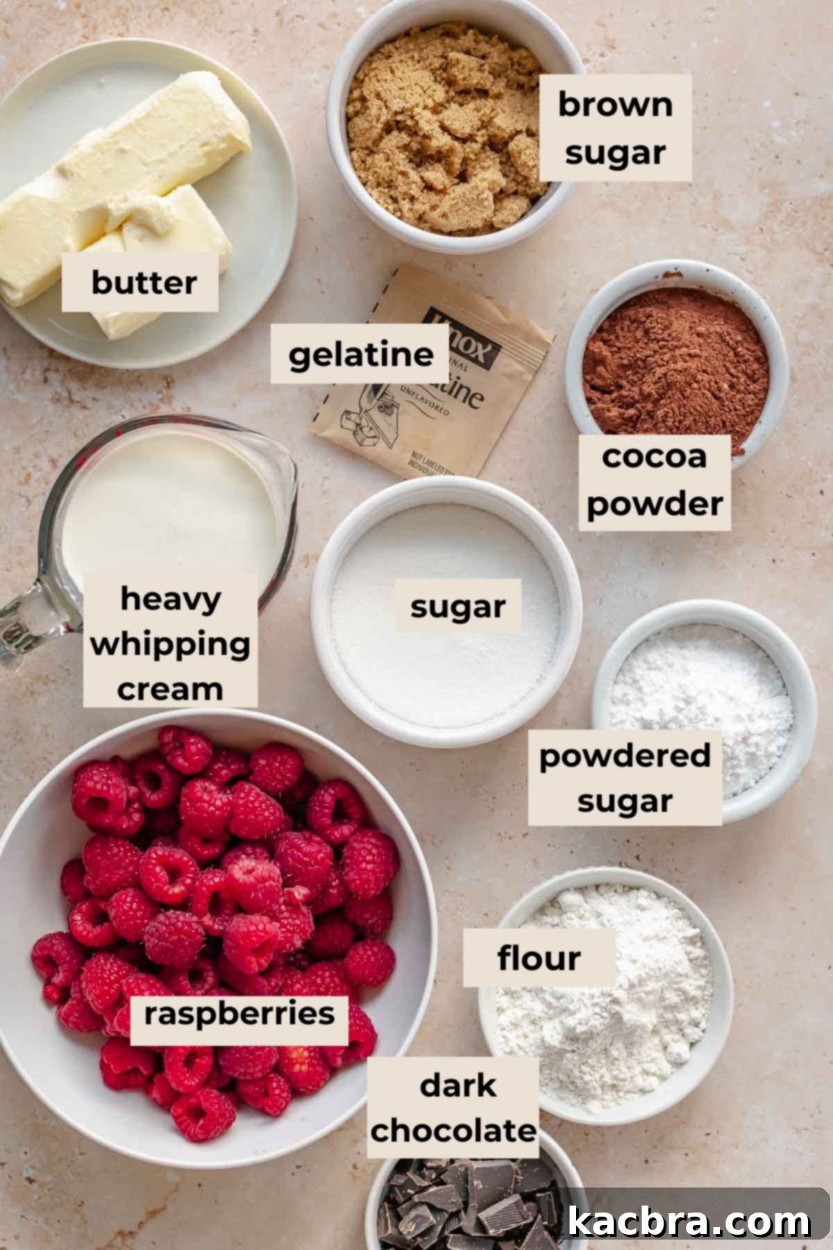 Ingredients for chocolate raspberry mousse cake laid out.